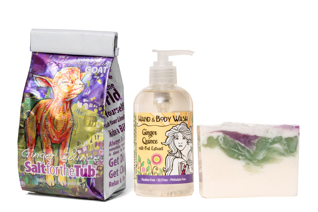 Ginger Quince Gift Set: Bath Salts, 8 Oz Liquid Soap & Soap Slice by Essential Journeys, Southern food gift main product photo