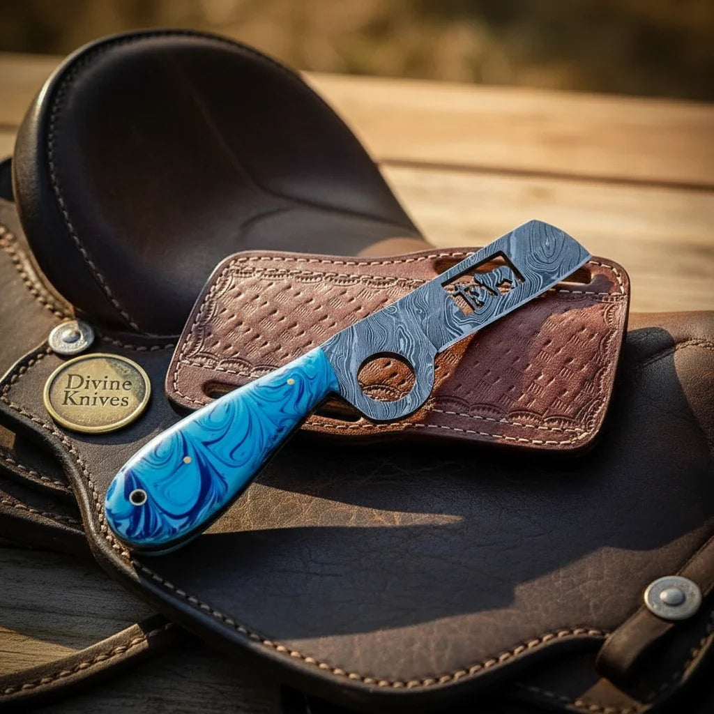 Blue Swirl Mini Bull Cutter Knife with Basket-Weave Sheath by Divine Knives — product view 1