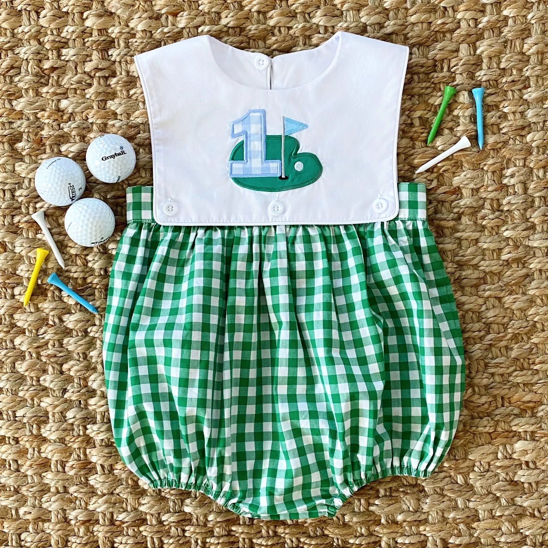 Baby Boy First Birthday Golf Outfit | Hole-In-One Reversible Golf Bubble Seven Lantern Lane