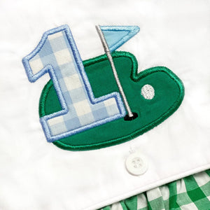 Baby Boy First Birthday Golf Outfit | Hole-In-One Reversible Golf Bubble Seven Lantern Lane
