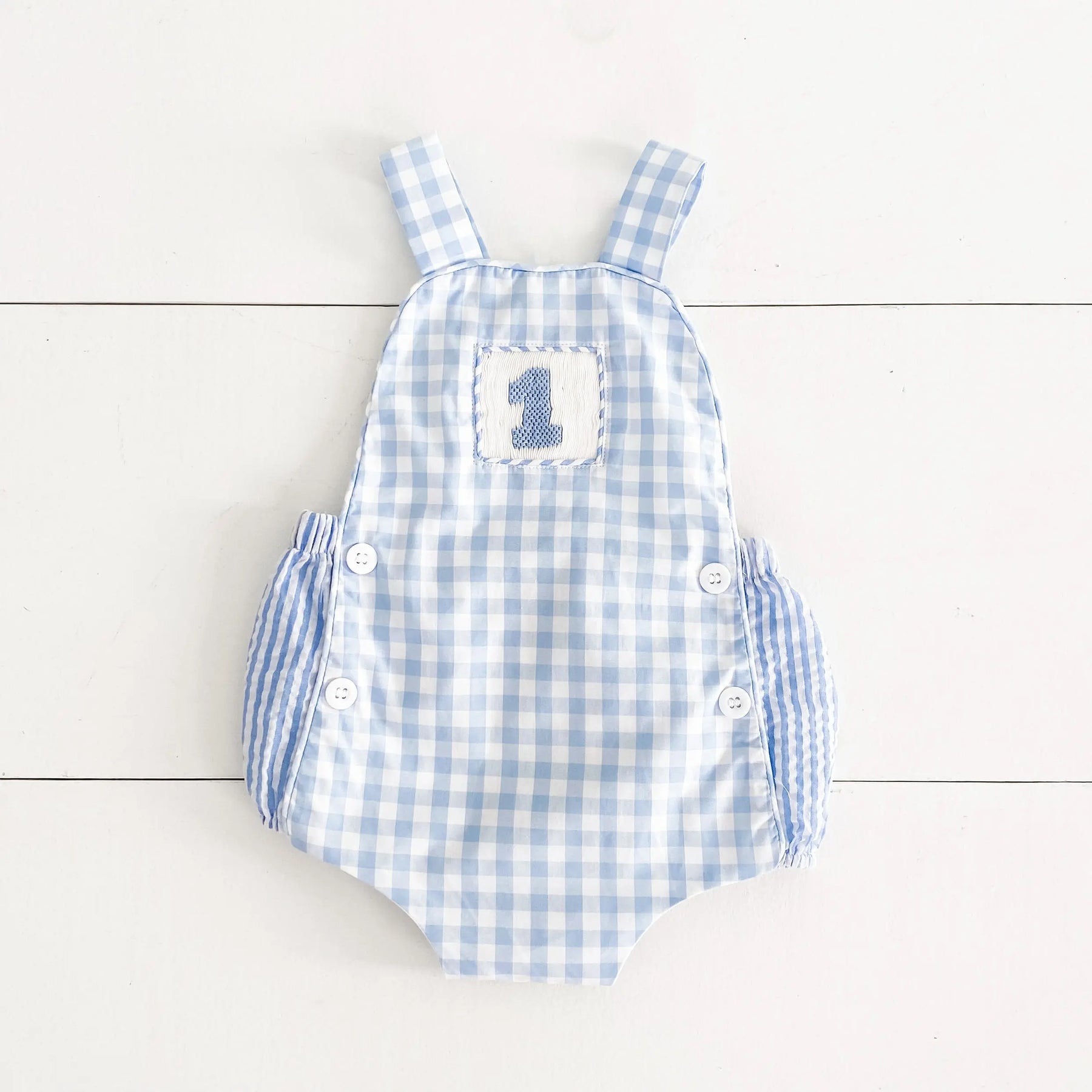 Baby Boy First Birthday Outfit – Smocked Blue Birthday Bubble Seven Lantern Lane