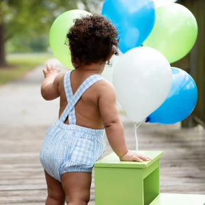 Baby Boy First Birthday Outfit – Smocked Blue Birthday Bubble Seven Lantern Lane