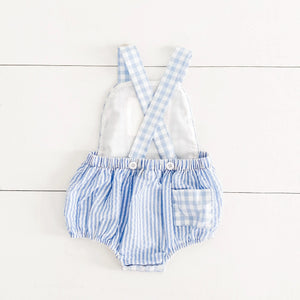 Baby Boy First Birthday Outfit – Smocked Blue Birthday Bubble Seven Lantern Lane