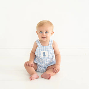 Baby Boy First Birthday Outfit – Smocked Blue Birthday Bubble Seven Lantern Lane