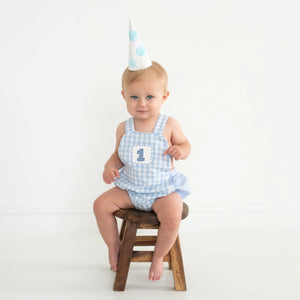 Baby Boy First Birthday Outfit – Smocked Blue Birthday Bubble Seven Lantern Lane