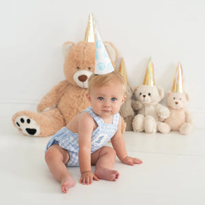 Baby Boy First Birthday Outfit – Smocked Blue Birthday Bubble Seven Lantern Lane