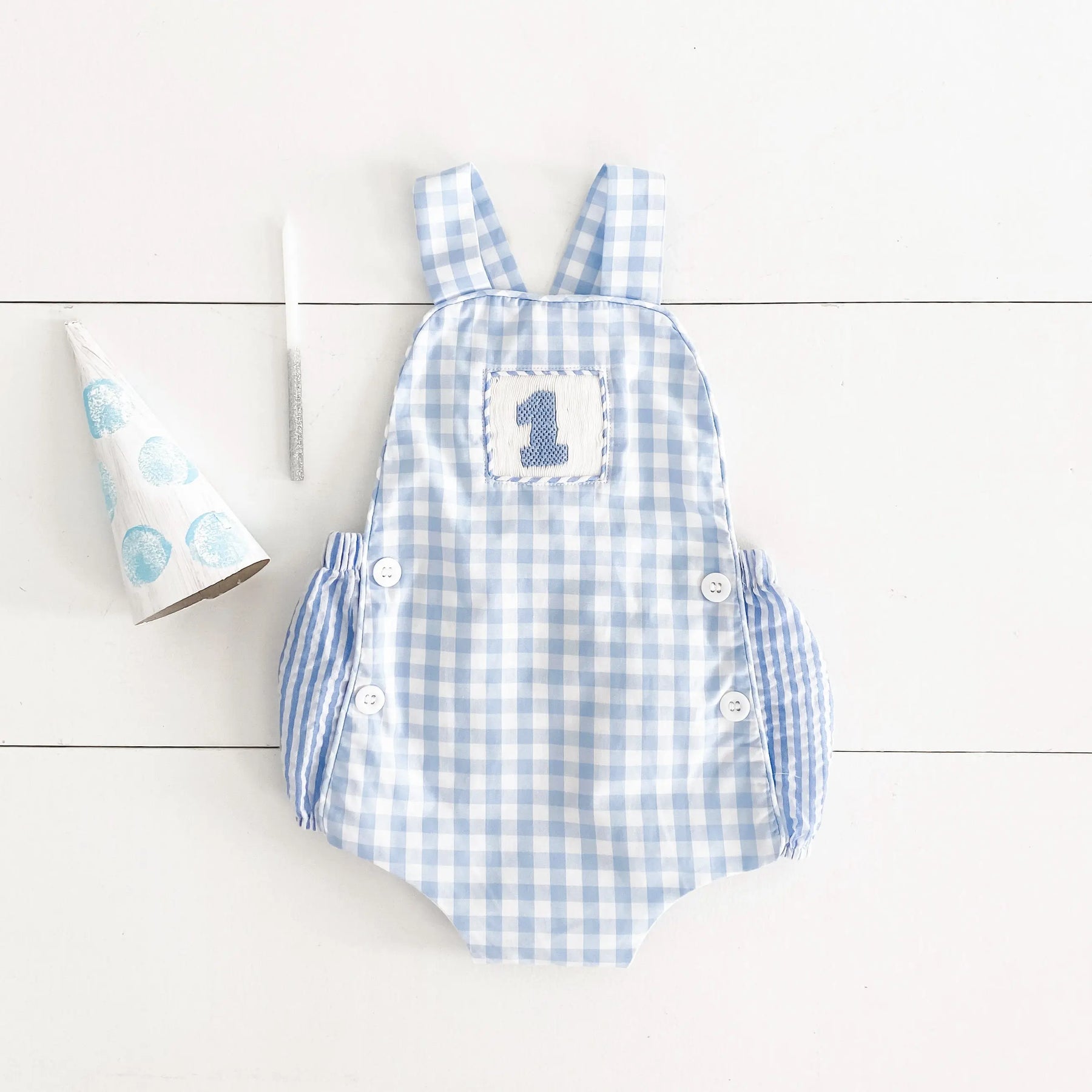 Baby Boy First Birthday Outfit – Smocked Blue Birthday Bubble Seven Lantern Lane
