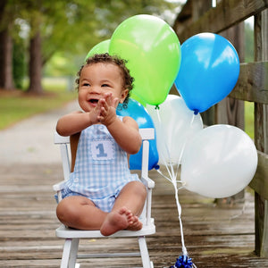 Baby Boy First Birthday Outfit – Smocked Blue Birthday Bubble Seven Lantern Lane