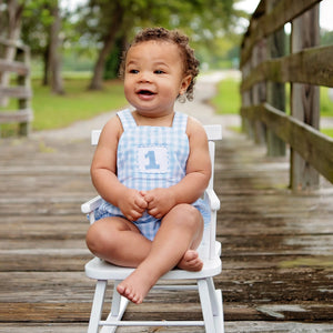 Baby Boy First Birthday Outfit – Smocked Blue Birthday Bubble Seven Lantern Lane