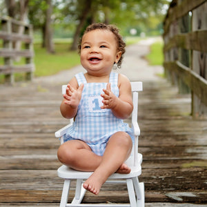 Baby Boy First Birthday Outfit – Smocked Blue Birthday Bubble Seven Lantern Lane