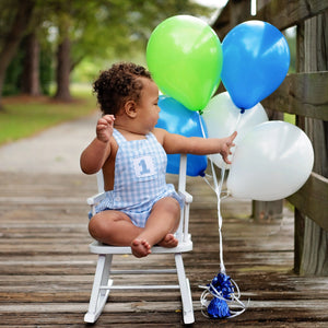 Baby Boy First Birthday Outfit – Smocked Blue Birthday Bubble Seven Lantern Lane