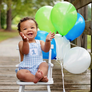 Baby Boy First Birthday Outfit – Smocked Blue Birthday Bubble Seven Lantern Lane