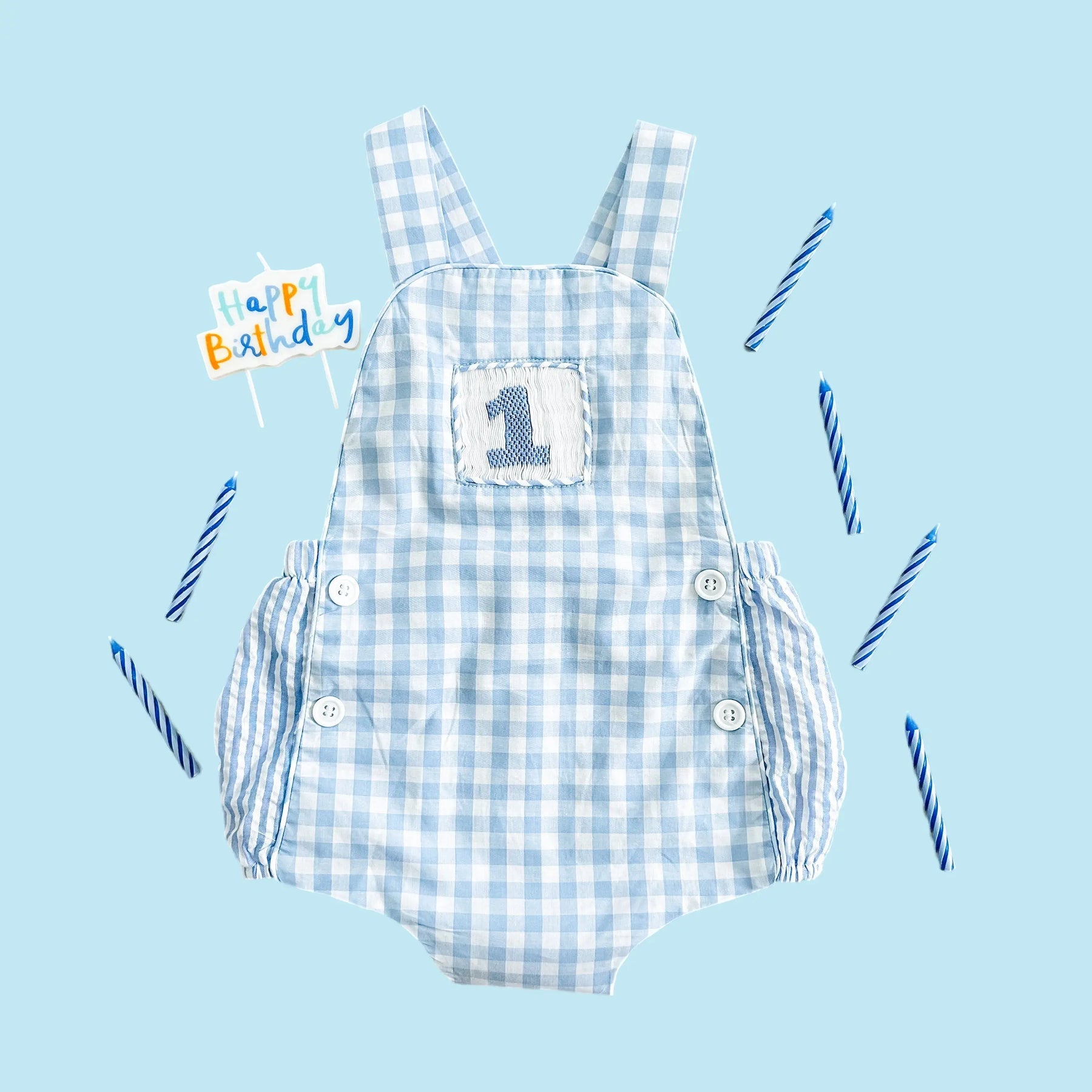 Baby Boy First Birthday Outfit – Smocked Blue Birthday Bubble Seven Lantern Lane