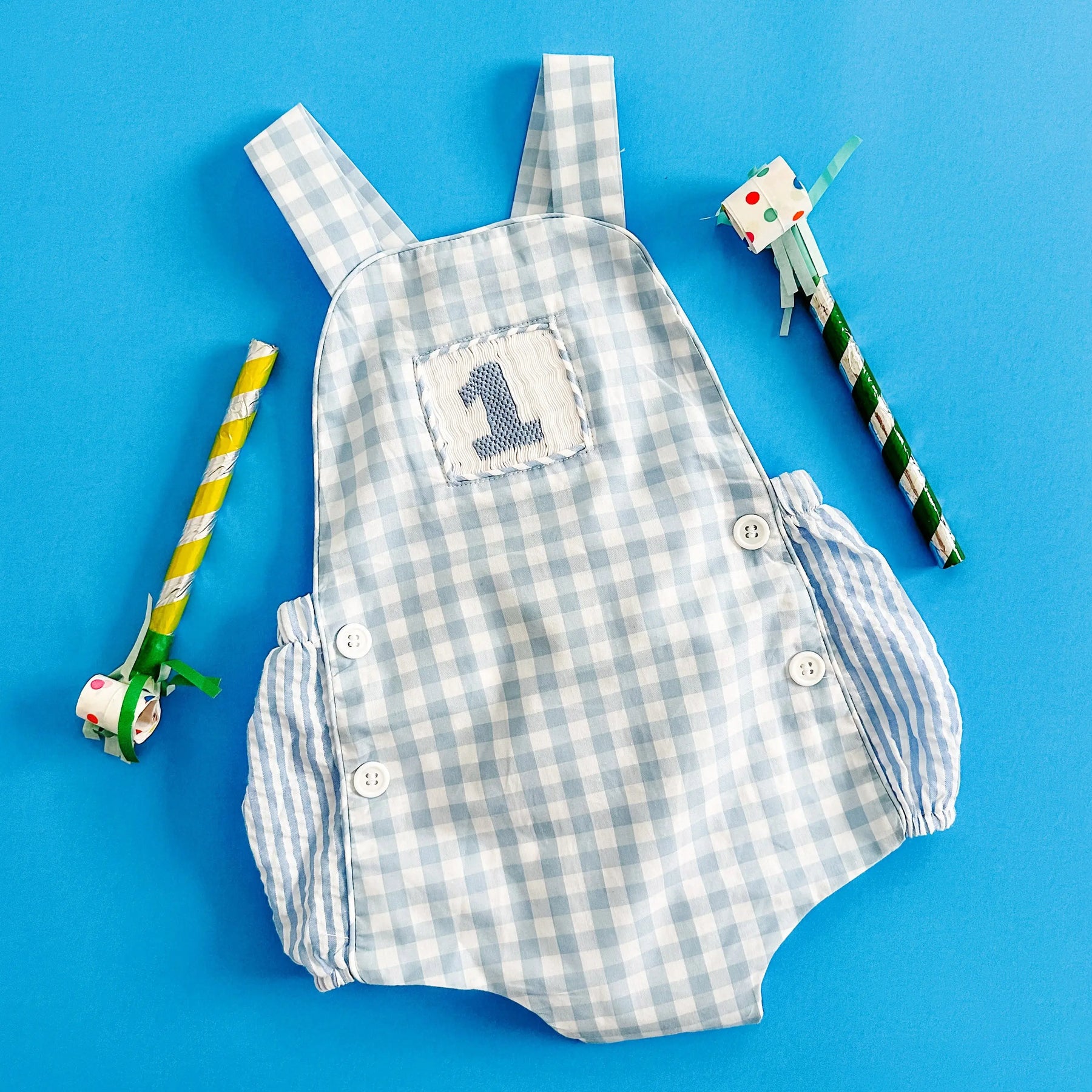 Baby Boy First Birthday Outfit – Smocked Blue Birthday Bubble Seven Lantern Lane