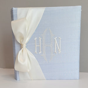 Blue silk handmade baby memory book with satin bow by AP Creations