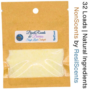 Back Roads & Berries laundry sample by ResilScents in brown packet, single load, laundry detergent, NonScents, ResilScents.