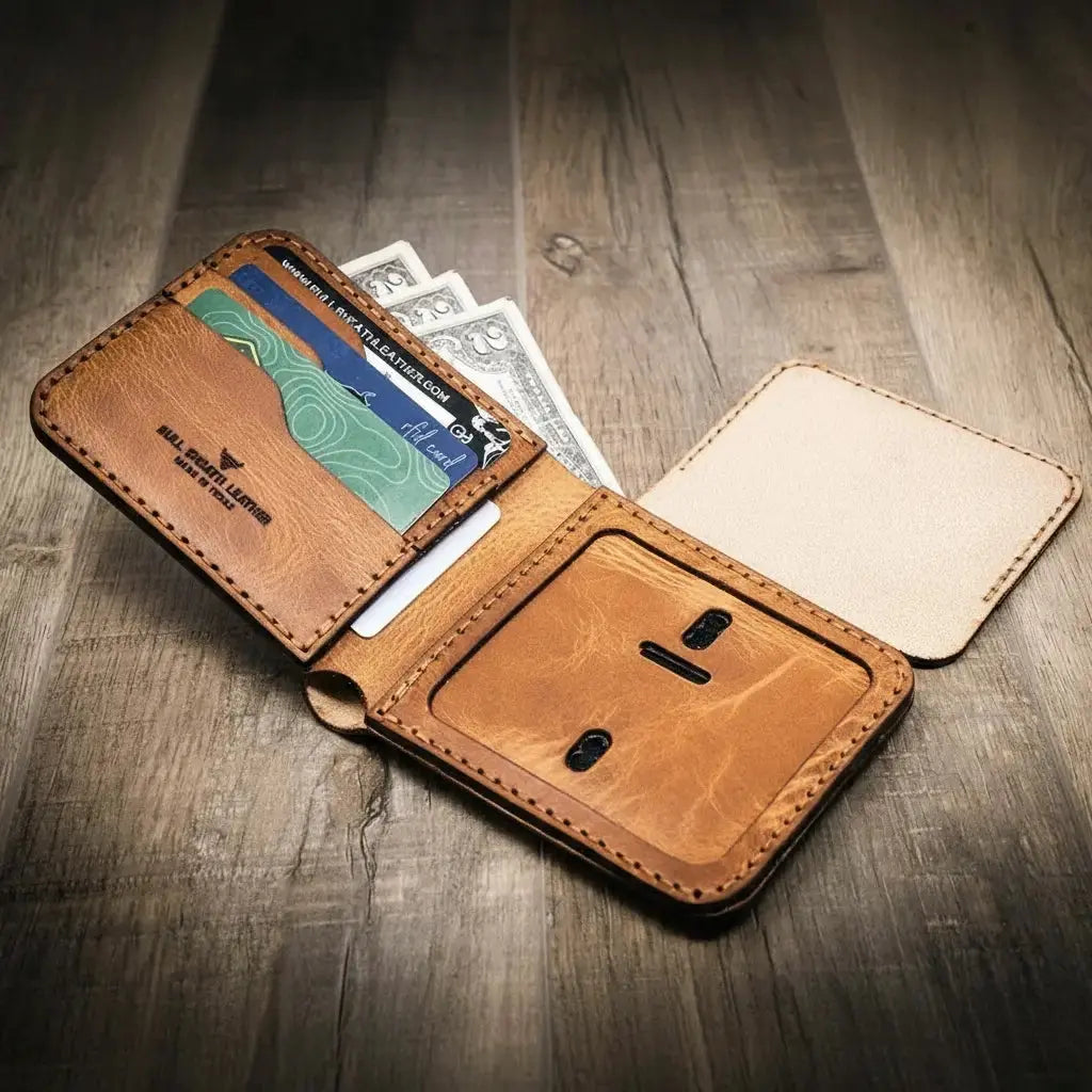 Leather bifold wallet with badge slot, card slots, and cash