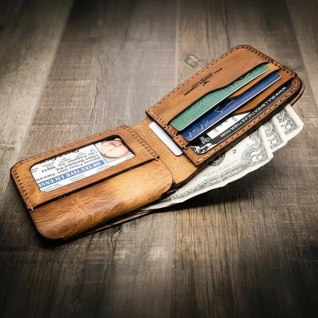 Brown leather bifold wallet open with cards, cash, and ID visible.