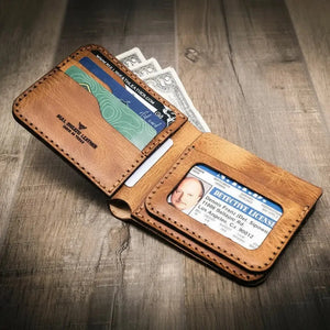 Brown distressed leather bifold wallet with ID window and card slots
