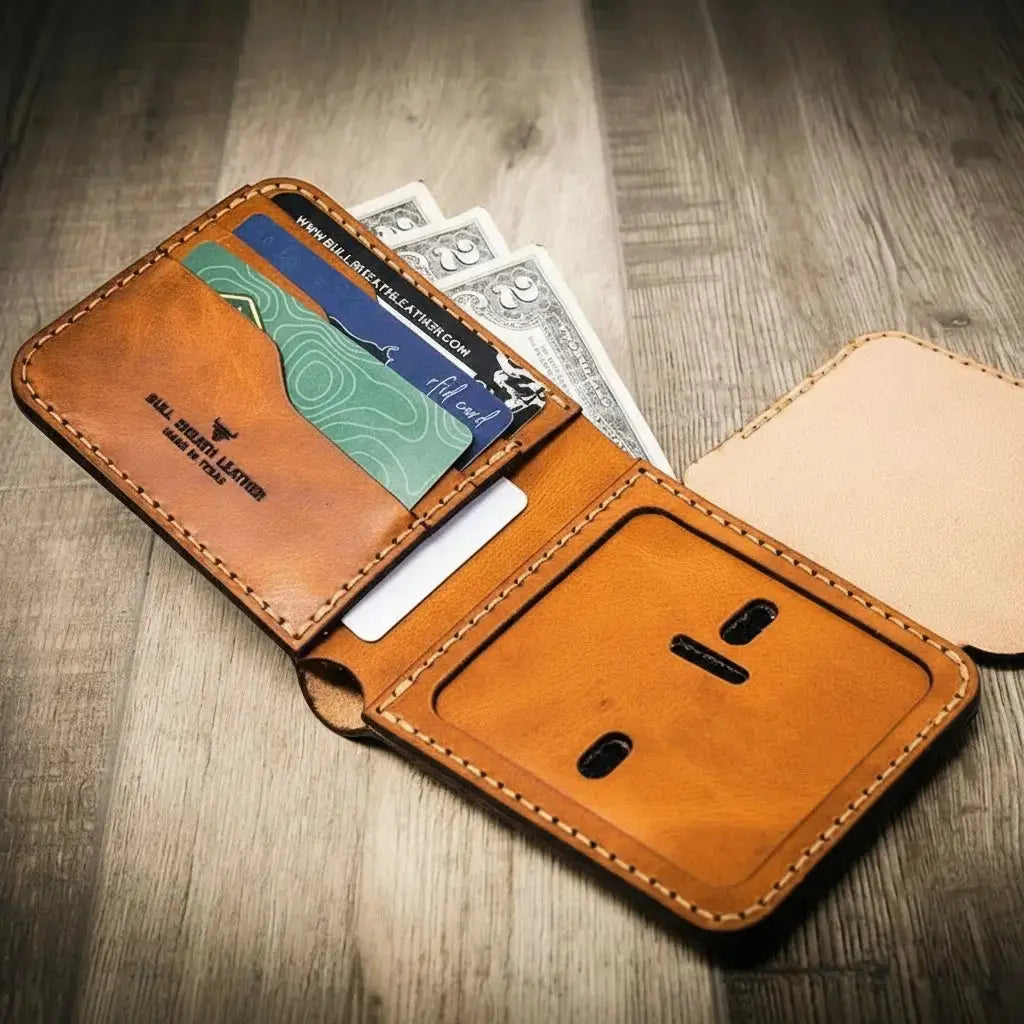 Brown leather badge bifold wallet with card slots and cash compartment.