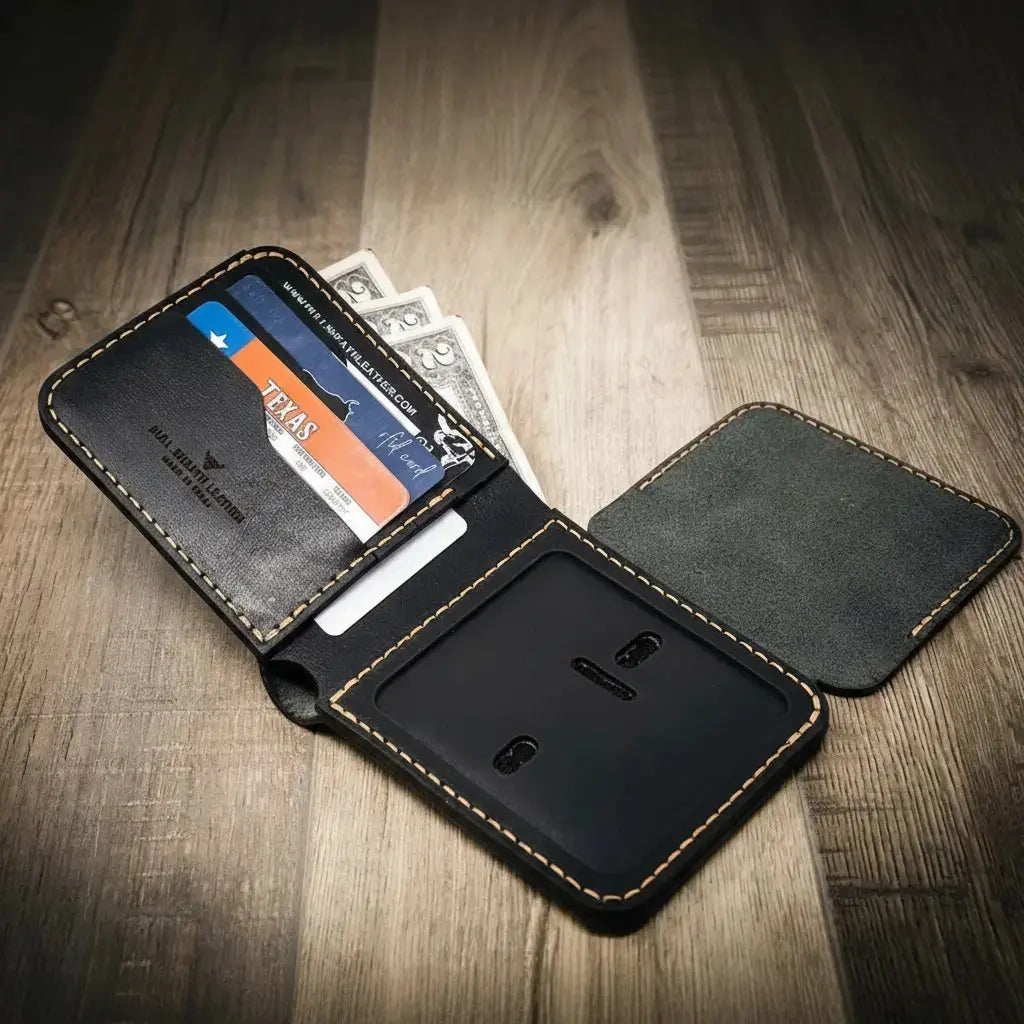 Black leather bifold wallet with ID badge holder and card slots.