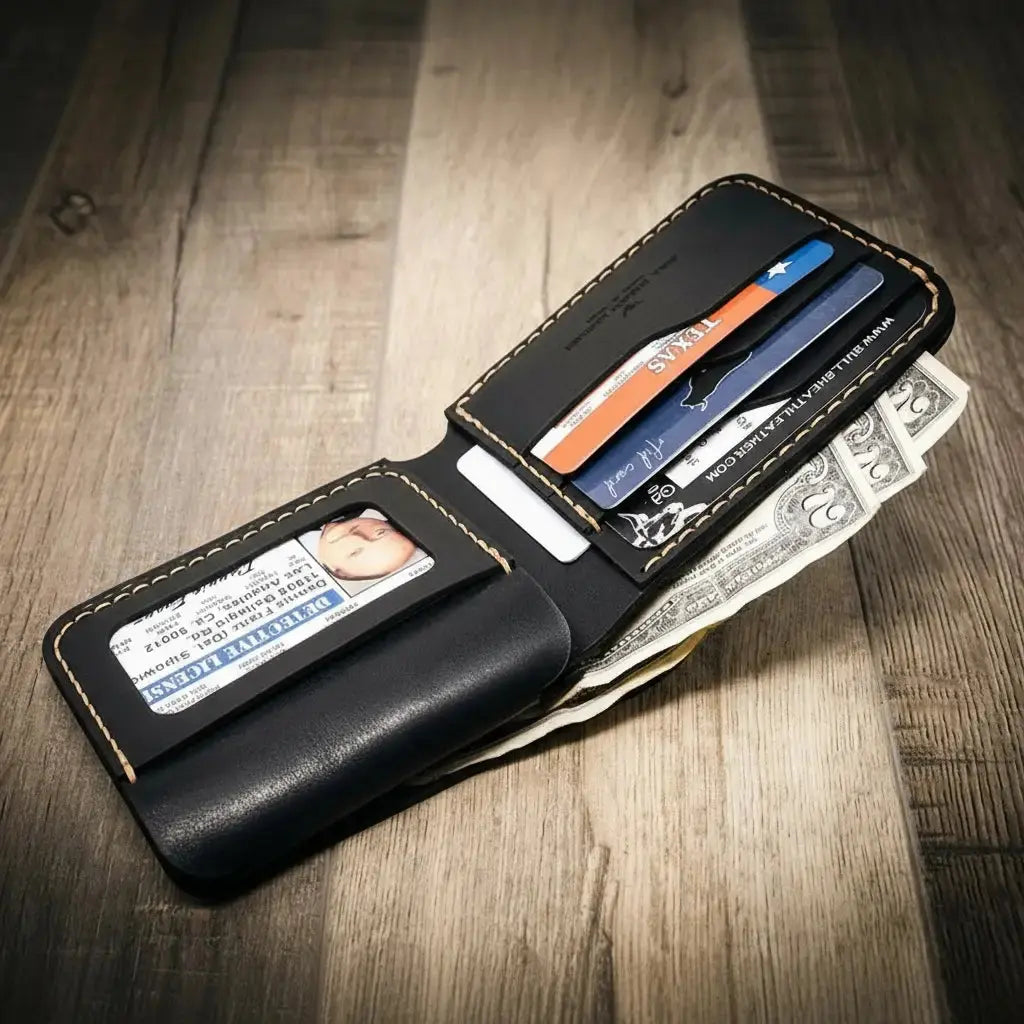 Black leather bifold wallet open with Texas ID, credit cards, and cash visible.
