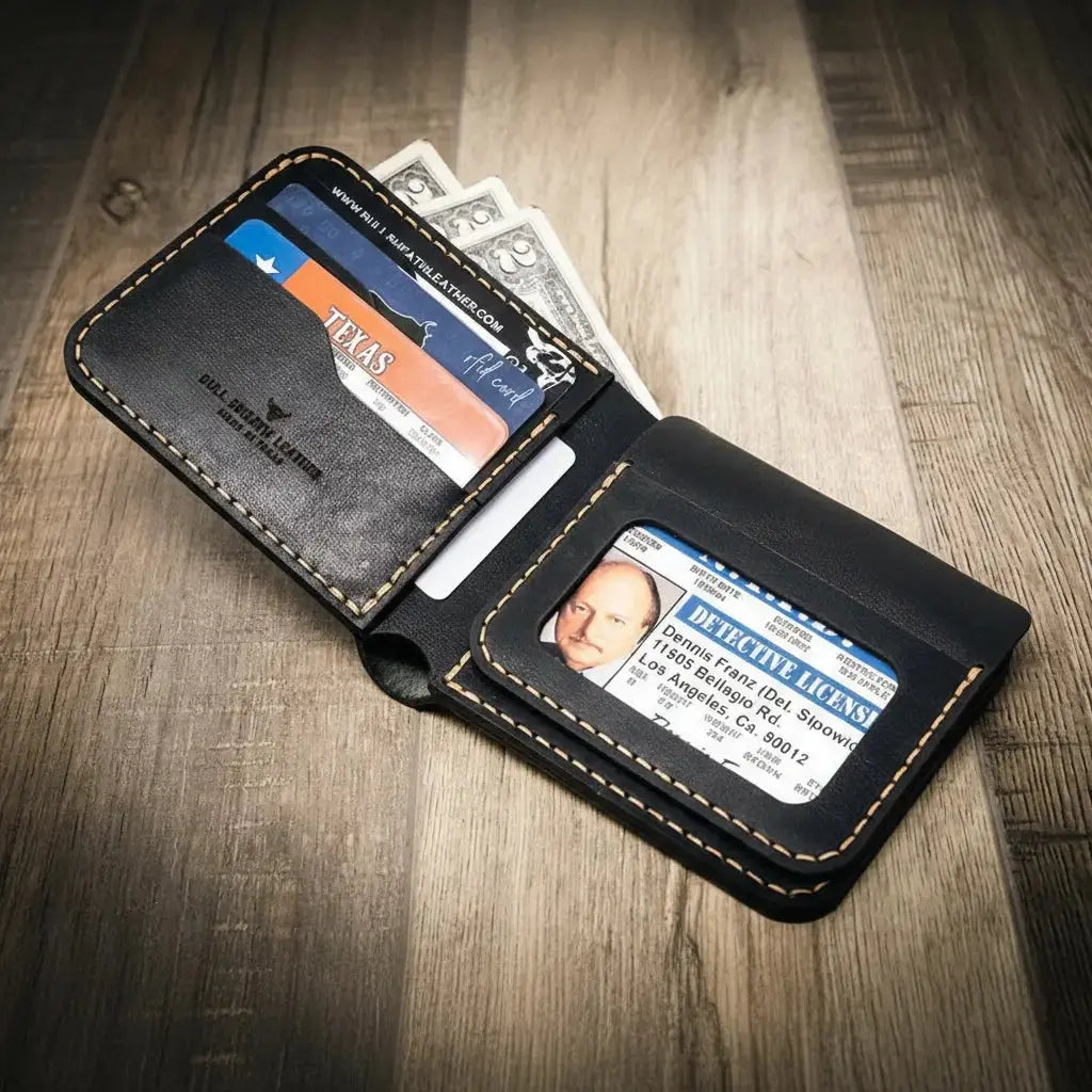 Black leather bifold wallet open showing Texas ID, driver's license, and cash.