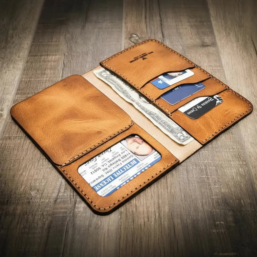 Full-grain leather texture and stitching on the Badge Long Wallet