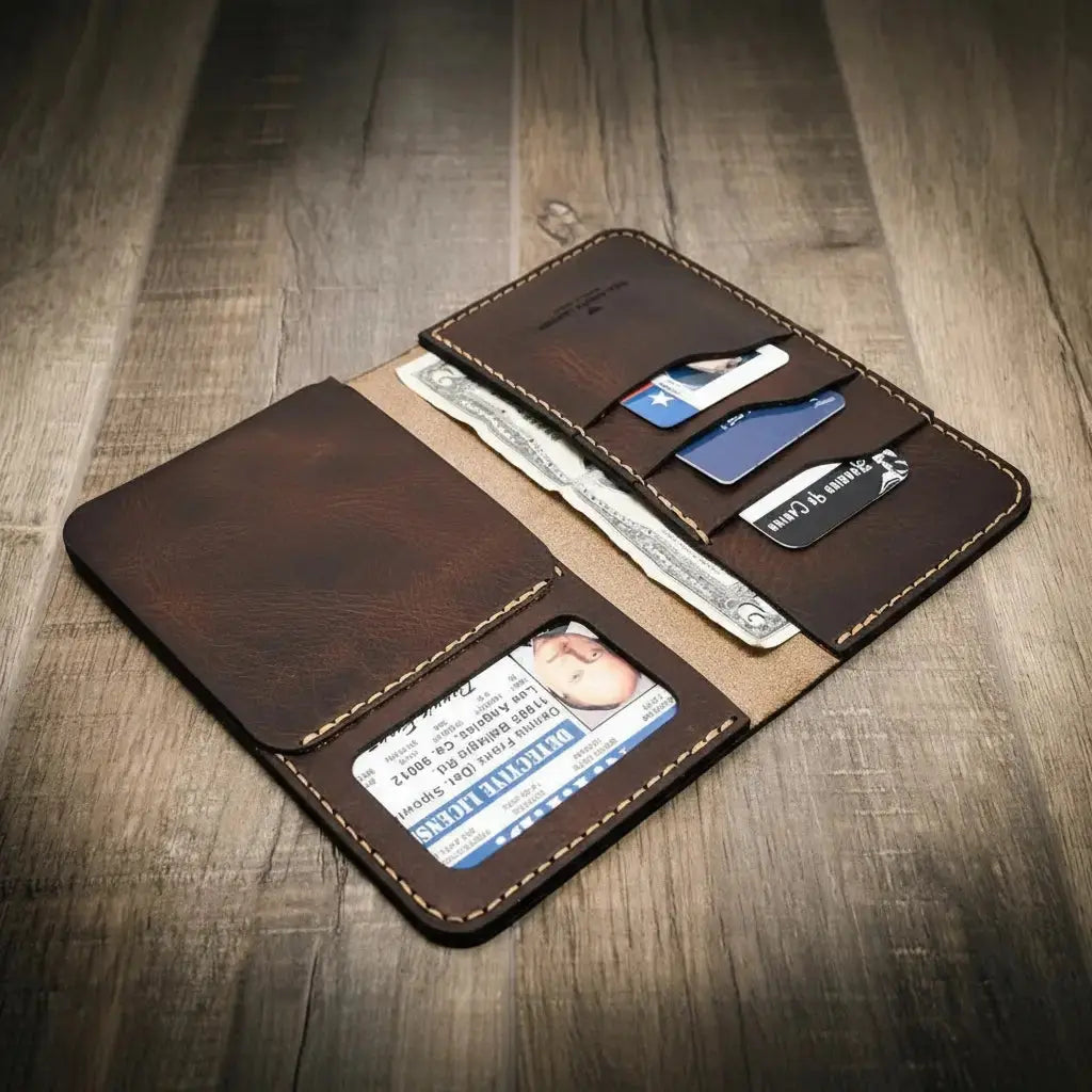 Handmade Badge Long Wallet displayed partially open
