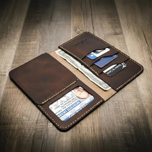 Handmade Badge Long Wallet displayed partially open