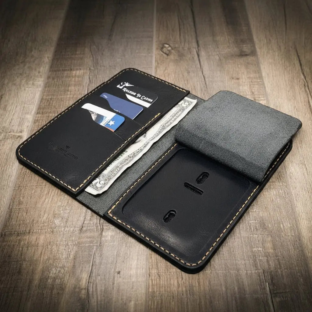 Full-grain leather Badge Long Wallet shown from an angled view