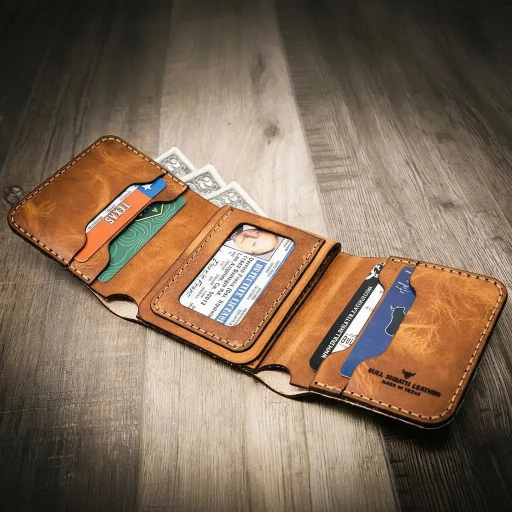 Brown leather trifold wallet with ID, cards, and cash, Bull Sheath Leather.