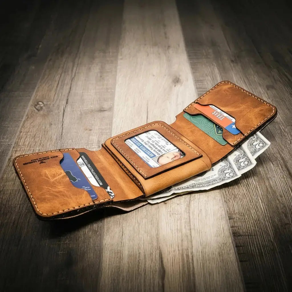 Brown leather trifold wallet with ID, cards, and cash displayed on a wooden surface.