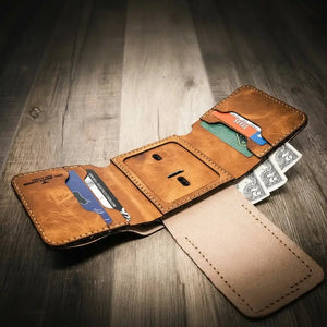 Brown leather trifold wallet with badge holder, card slots, and cash pocket.