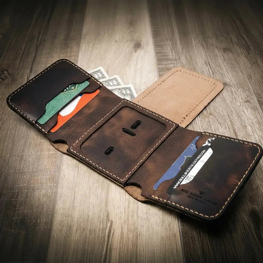Brown leather trifold wallet with card slots and money pocket