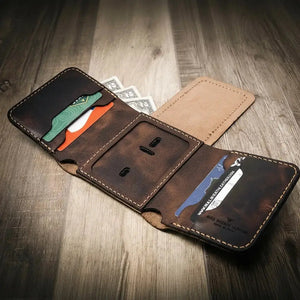 Brown leather trifold wallet with card slots and money pocket