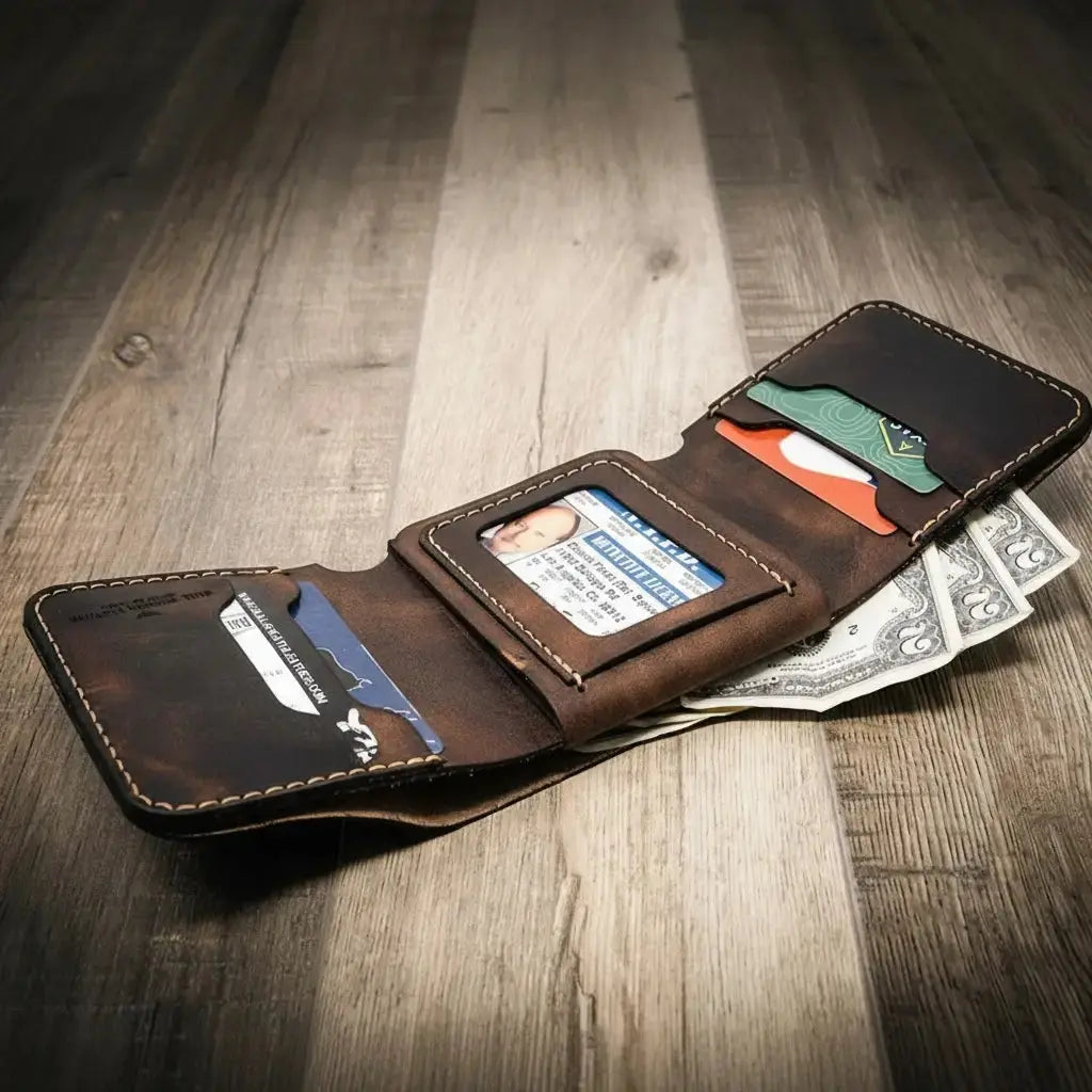 Brown leather trifold wallet with ID, cards, and US dollar bills