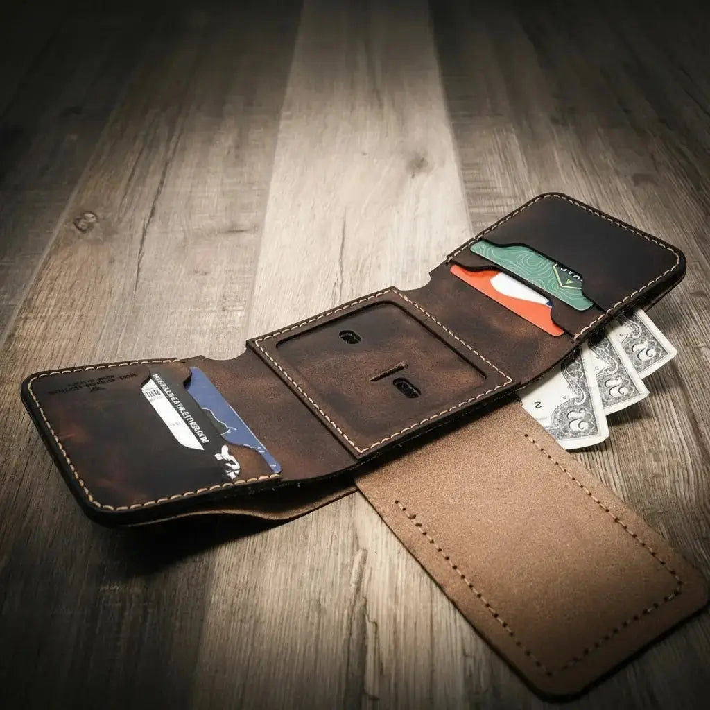 Brown leather trifold wallet open showing card slots, cash pocket, and badge holder.