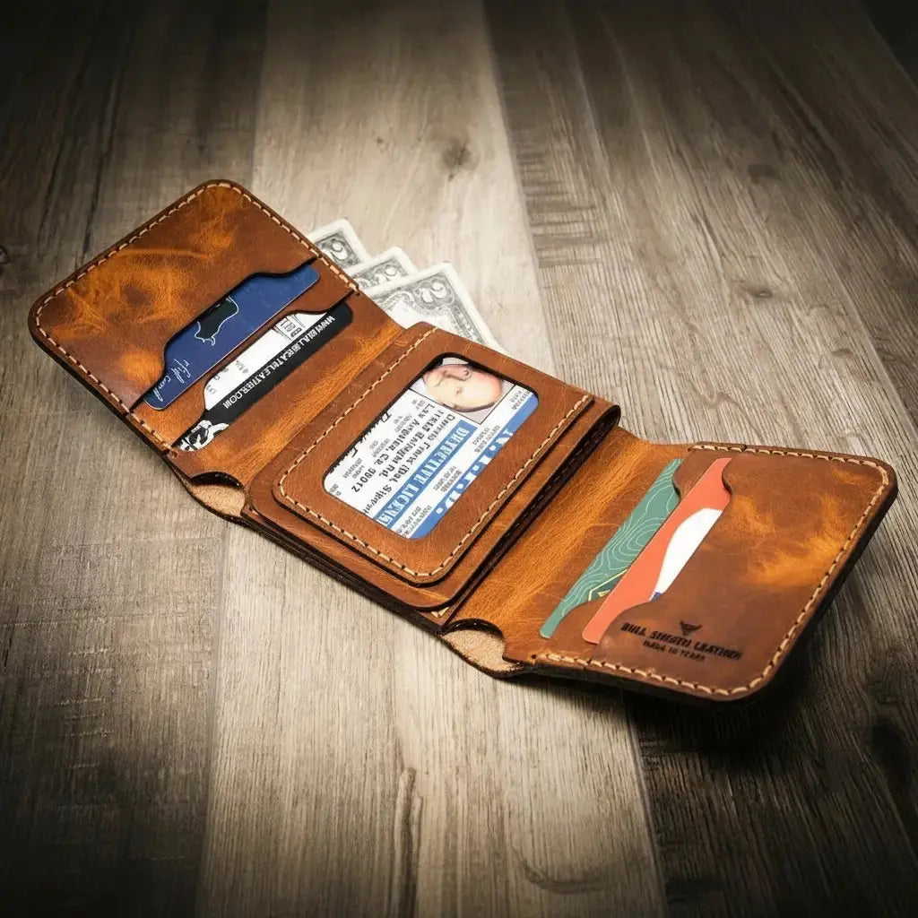 Brown leather trifold wallet with ID, cards, and US dollar bills.