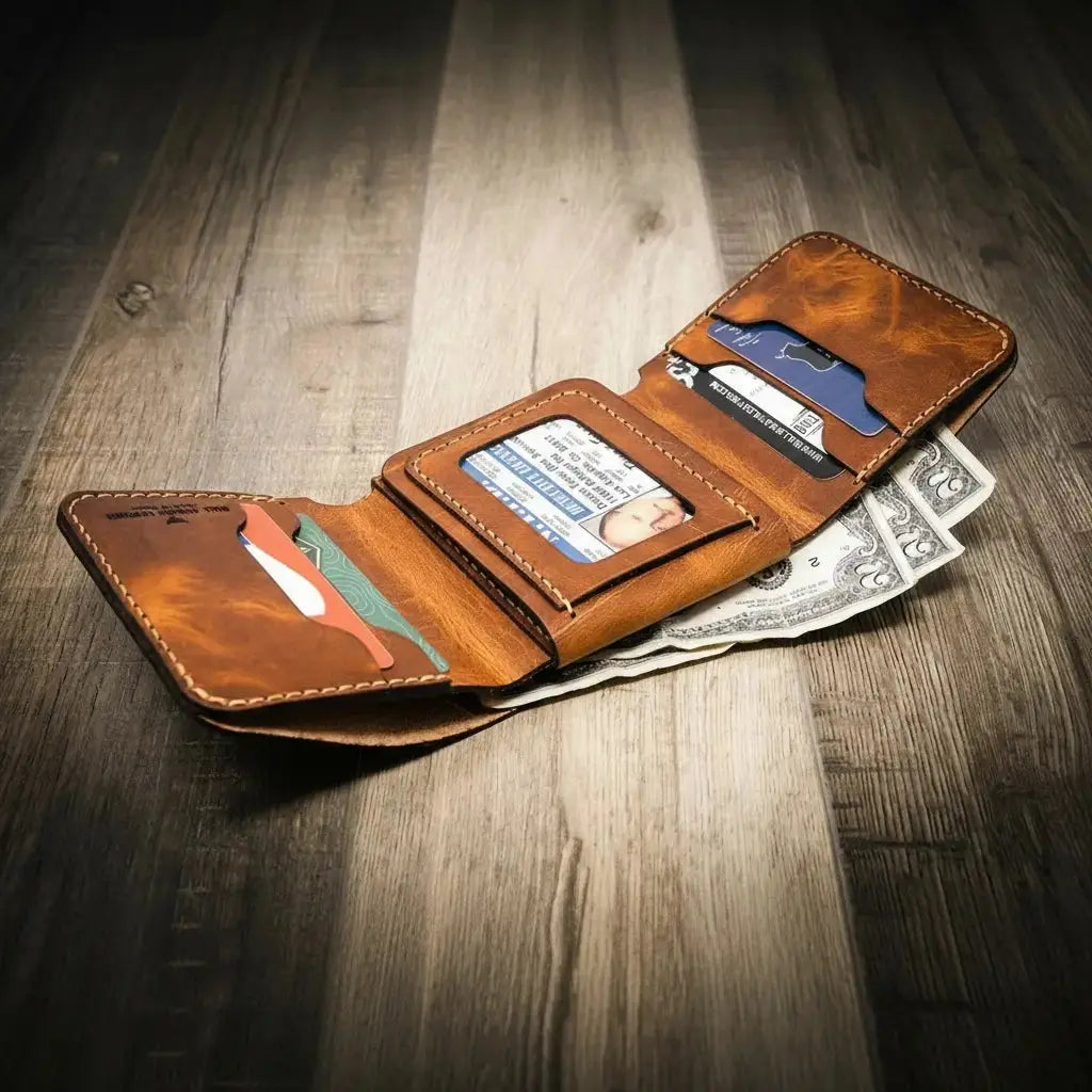 Brown leather trifold wallet open with cards and US dollar bills