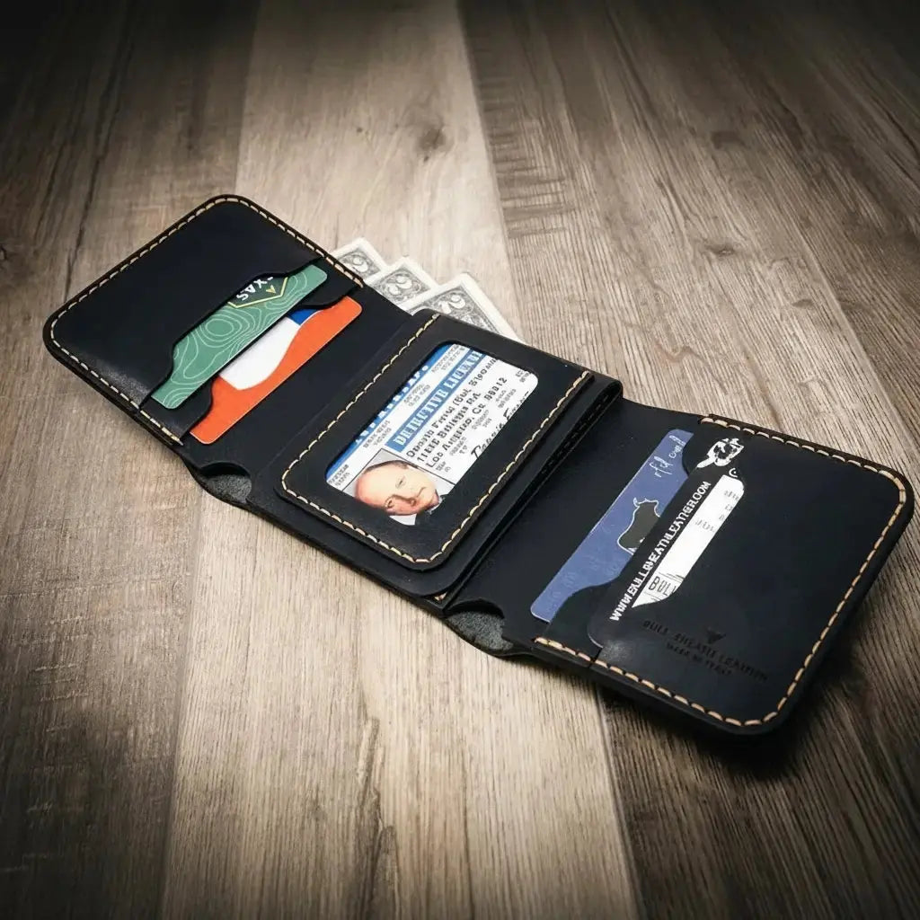 Black leather trifold wallet with ID window, cards, and cash on a wooden surface.