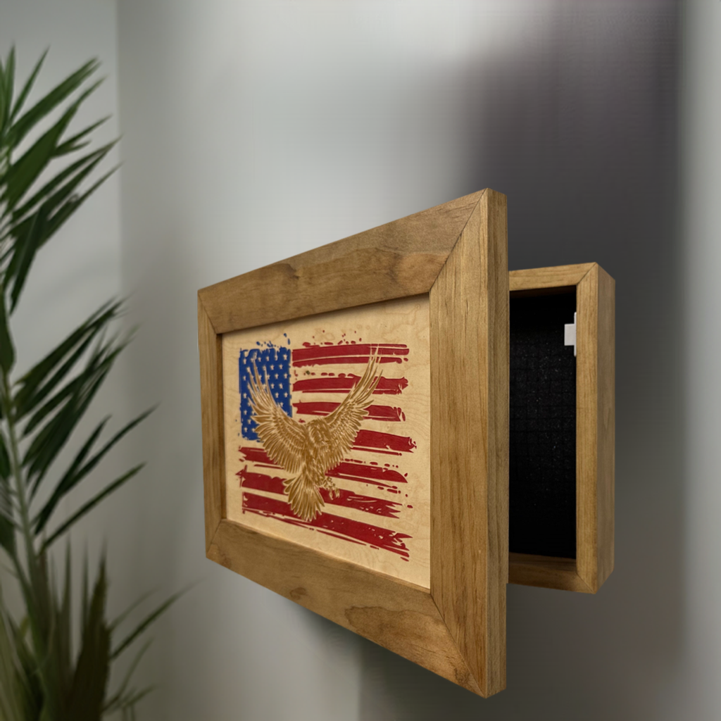 Bald Eagle & American Flag Patriotic Decorative Wall-Mounted Secure Gun Cabinet by Bellewood Designs, Southern home decor detail photo 2