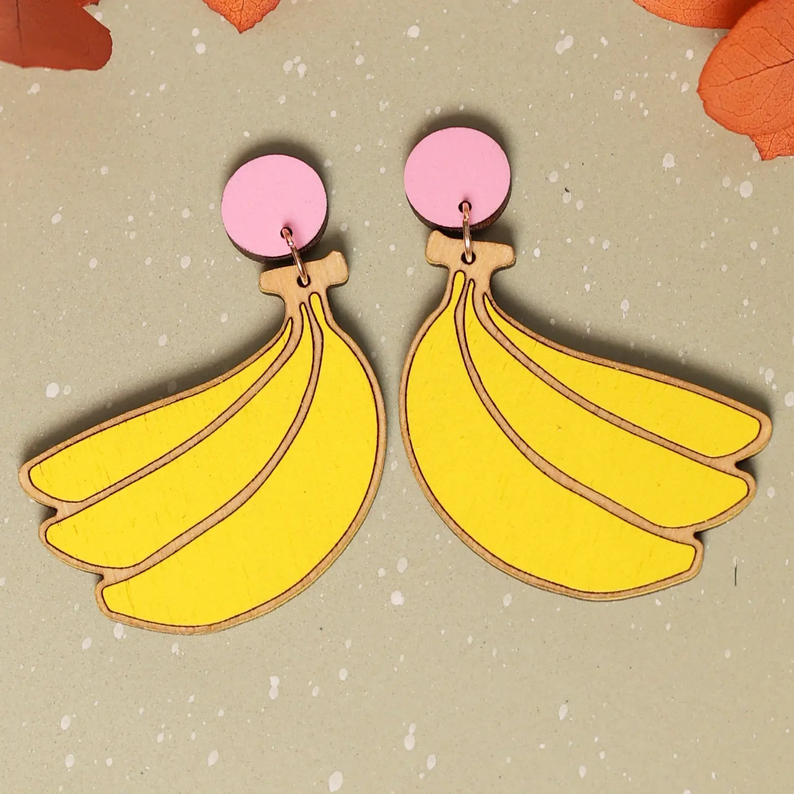 Banana Stud Dangle Earrings hand painted on lightweight wood by LE CHIC MIAMI