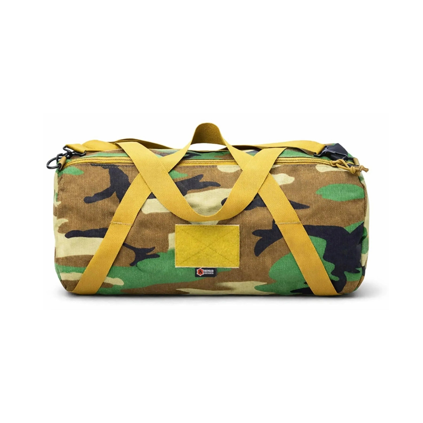 Brown, green, and black camouflage barrel duffle bag with yellow straps and a patch.