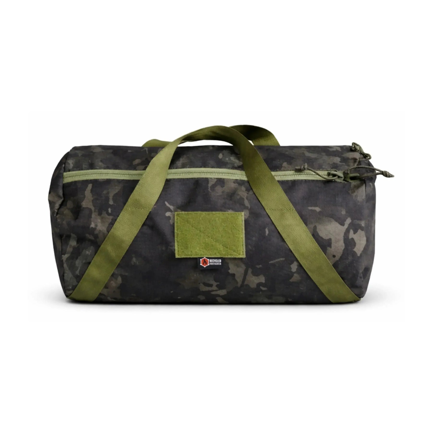 Black and green camouflage barrel duffle bag with olive green straps and patch.
