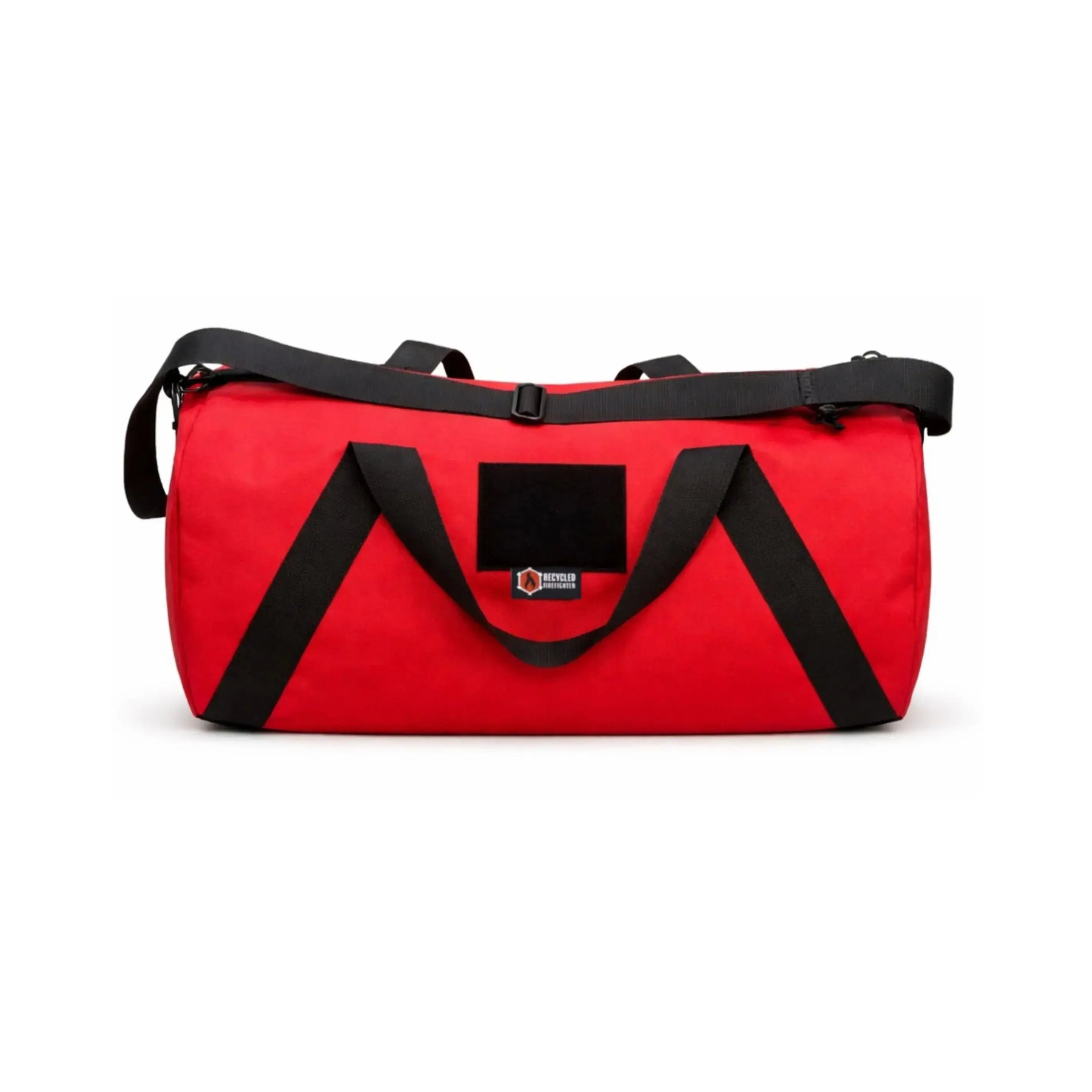 Red barrel duffle bag with black straps and a Recycled Firefighter patch.