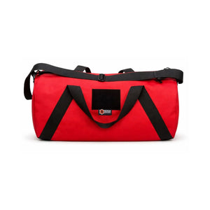 Red barrel duffle bag with black straps and a Recycled Firefighter patch.