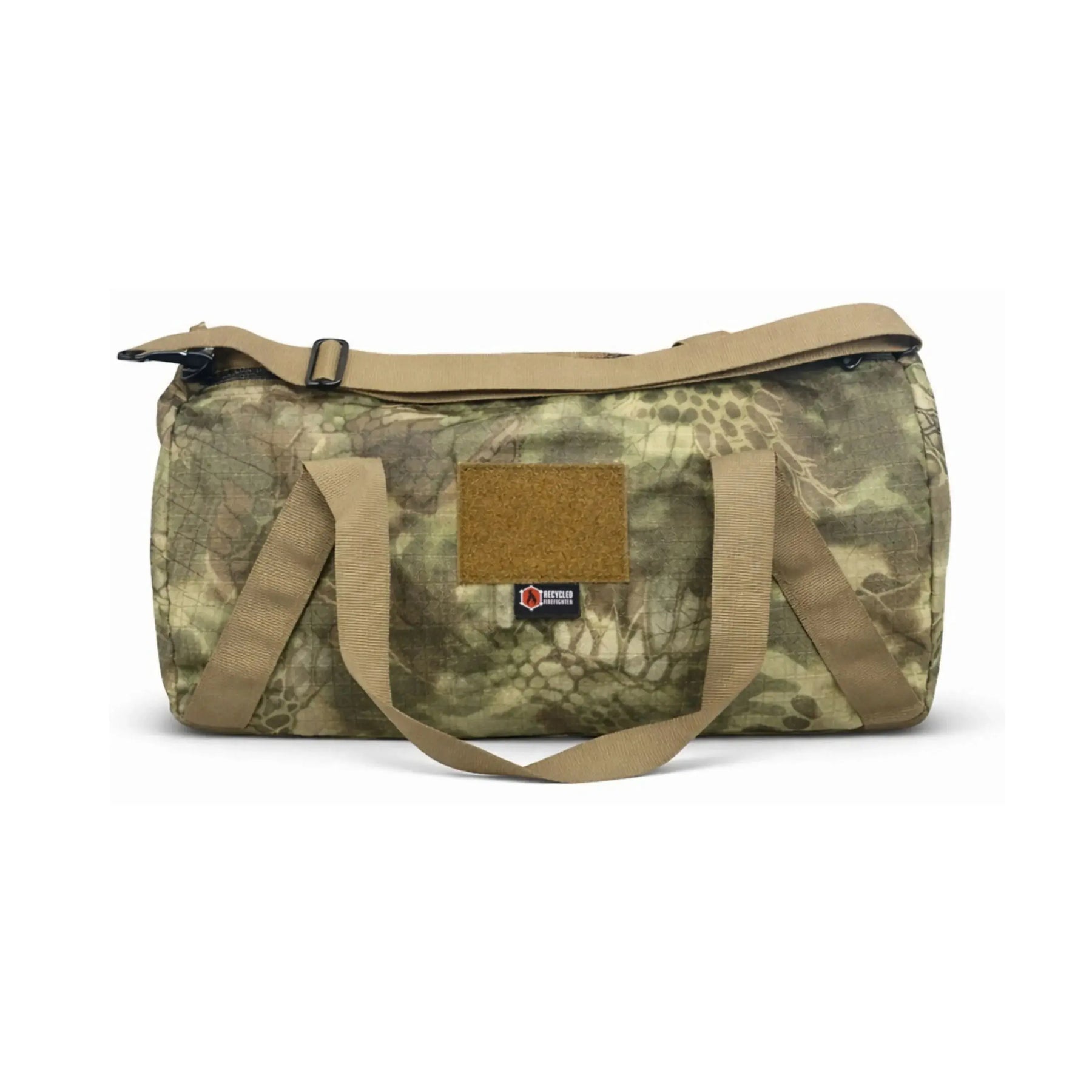 Camo barrel duffle bag with tan straps and a velcro patch.