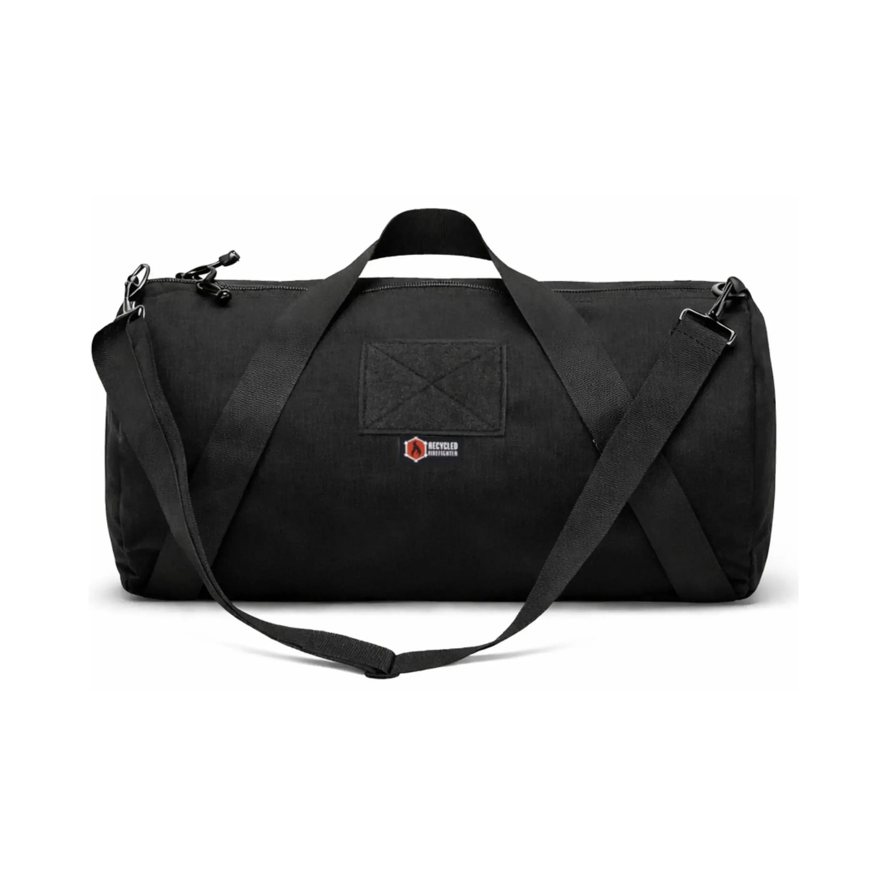 Black barrel duffle bag with two carry straps and a shoulder strap.