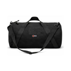 Black barrel duffle bag with two carry straps and a shoulder strap.